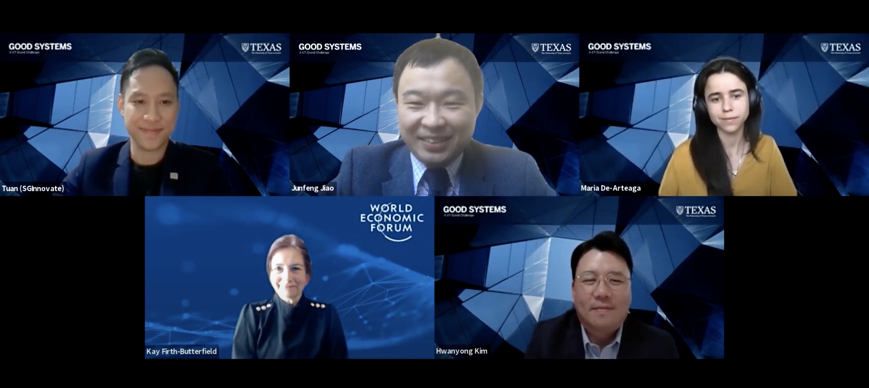 Zoom video image of five university, industry and machine learning experts participating in a virtual forum.