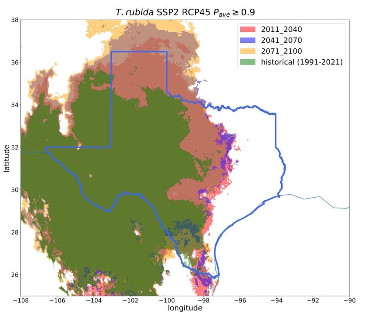 , shows the predicted historical (1991-2020) and future climate suitability distributions of Triatoma rubida, a species of kissing bug present in Texas