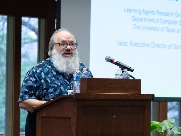 Ken Fleischmann delivers a featured address, "With Great AI Power Must Come Responsible AI," at Enterprise Technology's "AI in a Day" event at UT Austin, in November 2025.