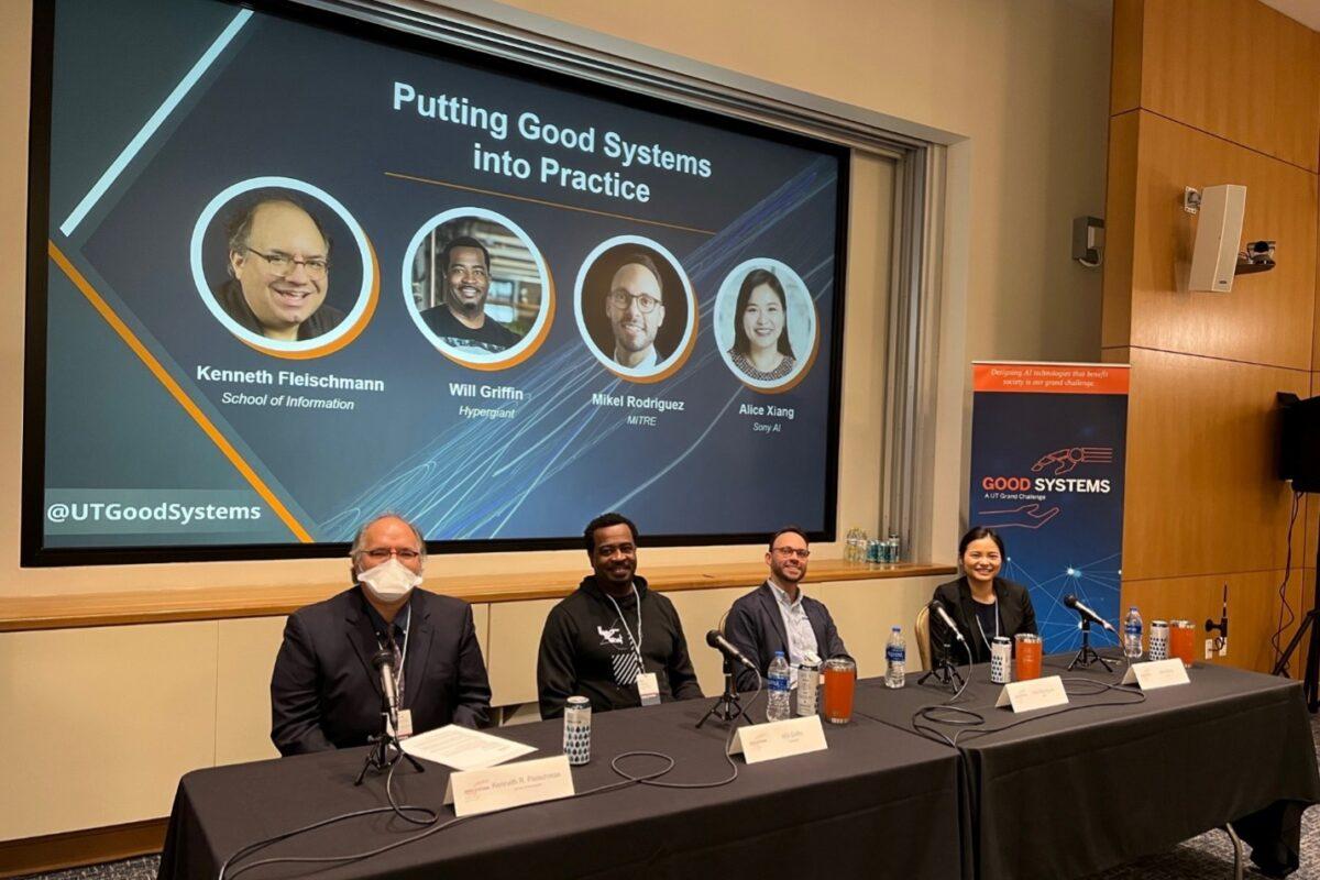 Dr. Kenneth R. Fleischmann, Will Griffin, Mikel Rodriguez and Alice Xiang at the 2022 Good Systems Symposium. Credit: Stacey Ingram Kaleh.