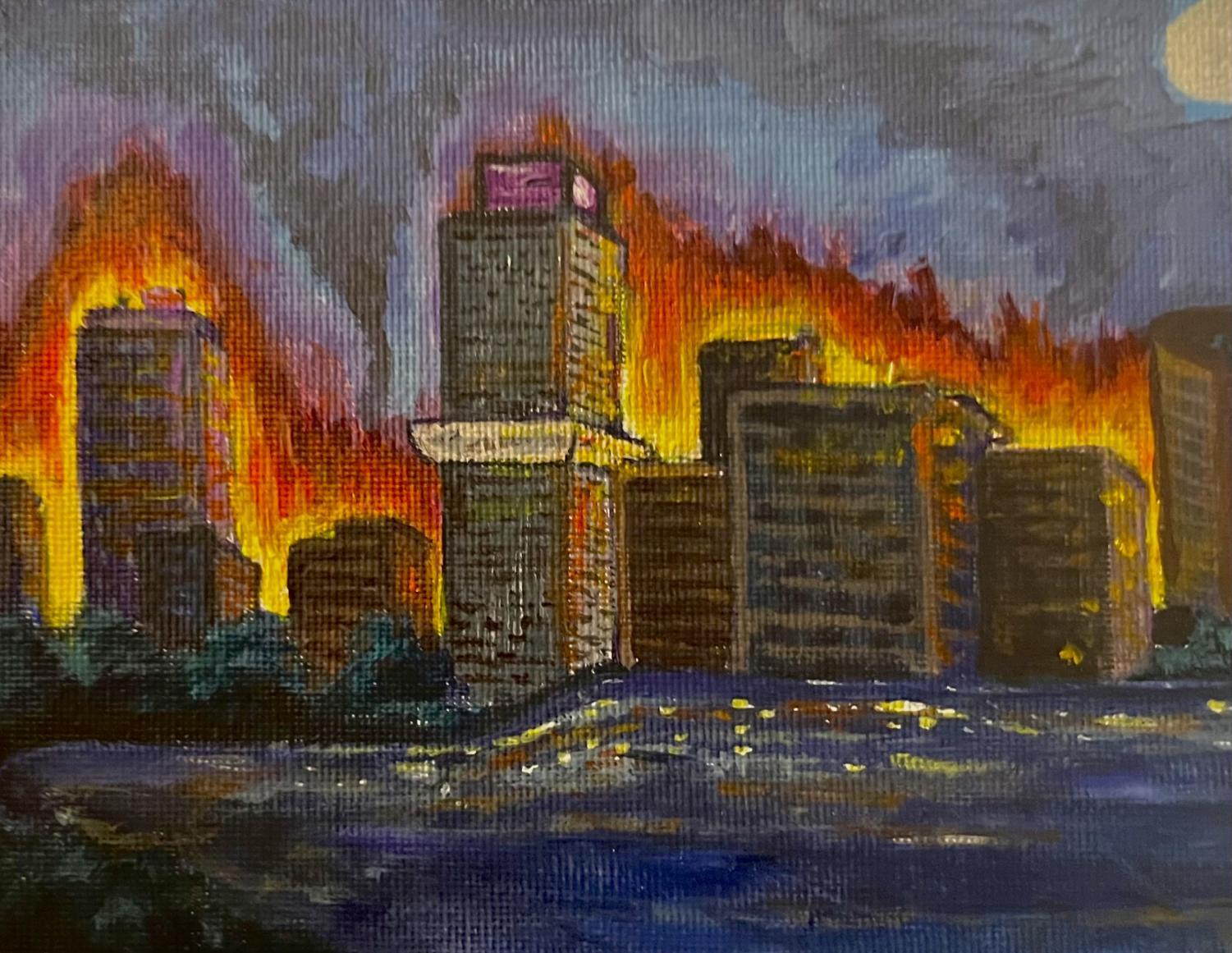 austin on flames painting by elizabeth aguilar