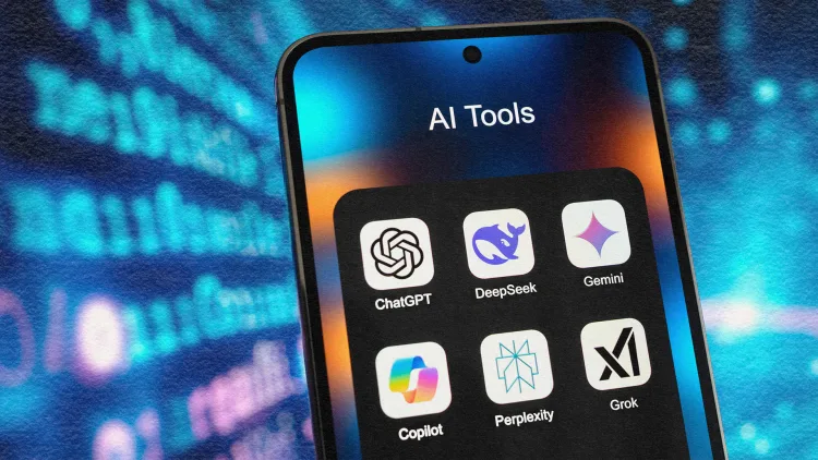 A smartphone screen displays a folder labeled "AI Tools," containing six app icons: ChatGPT, DeepSeek, Gemini, Copilot, Perplexity, and Grok. The background is blurred with a blue digital code-like pattern.