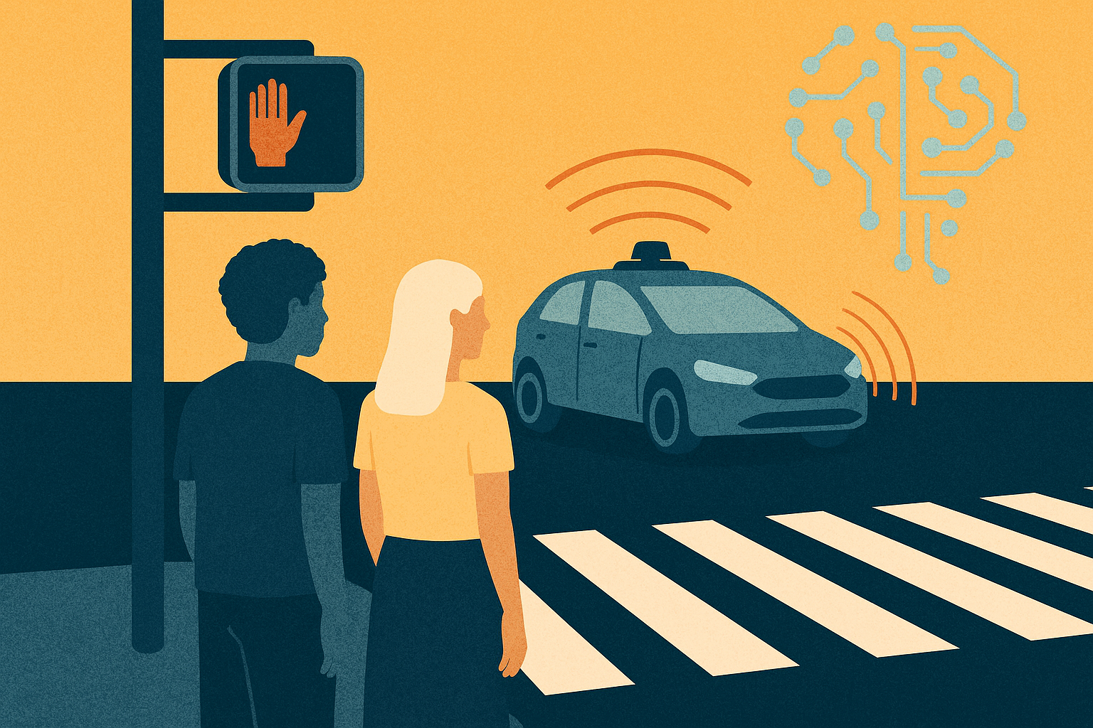 Illustration of a Black man and a white woman standing at a crosswalk, facing a self-driving car. A red “Don’t Walk” signal is visible, and a stylized digital brain made of circuitry hovers above the scene, representing artificial intelligence. The image is symbolic, not a photograph. At the Crosswalk: Who Does AI See? A UT Austin research team is investigating how appearance affects driver behavior—and how those patterns could be replicated in autonomous vehicles.