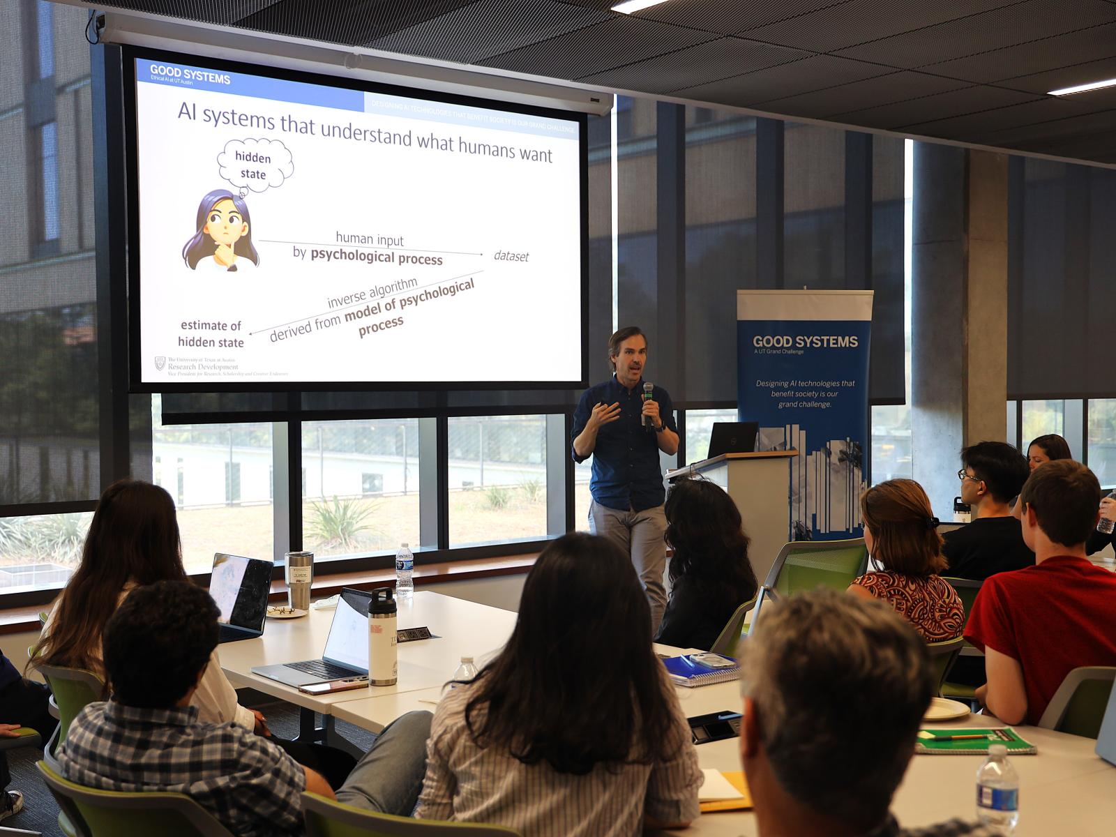 Brad Knox, a research associate professor in the Department of Computer Science, discusses AI alignment at Good Systems' annual research kickoff event, on September 26, 2025, at The University of Texas at Austin.