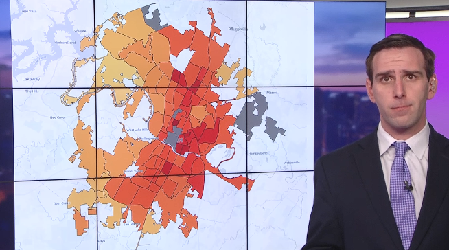 Screen grab of KVUE's (ABC) Daniel Perreault reporting on this story. He stands next to a map that shows the current risk of death to Austin's elderly population if they were to stay inside their home during a heatwave and coincidental power outage. The median heat risk for each neighborhood is displayed as the value.