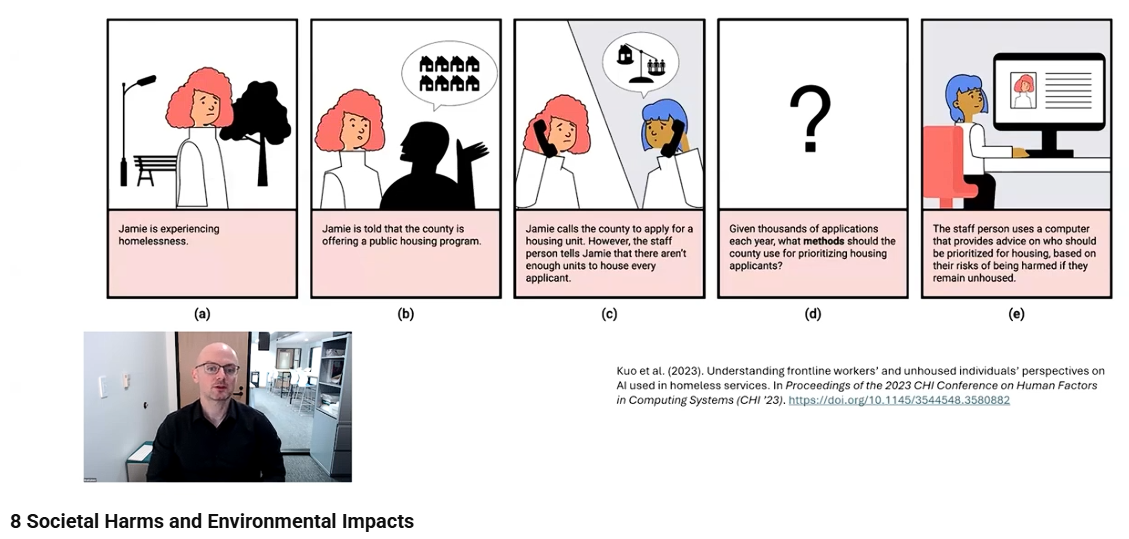 A screen shot from YouTube of the eighth video ("Societal Harms and Environmental Impacts") in a 10-part series the team produced for the City of Austin. Along the top is a five-part comic strip, labeled (a) - (e), illustrating a situation an employee might face: an Austin resident named Jamie who is experiencing homelessness and is inquiring about the county's public housing program. Below is a thumbnail of project co-leader Brad Limov, who is presenting this unit on video, speaking to the camera.