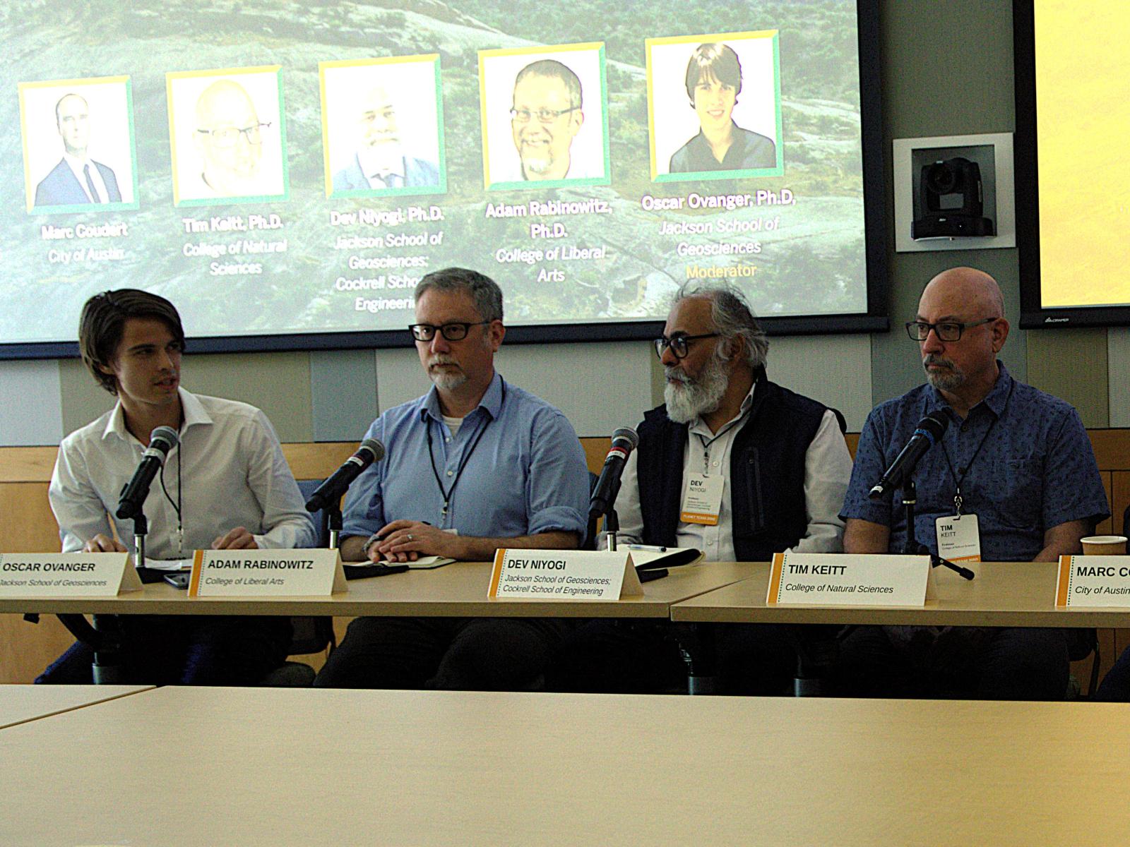 Oscar Ovanger (left) moderates a panel at the 2026 Planet Texas 2050 Symposium at UT Austin, in March. Seated next to him, from left to right, are his three postdoctoral advisers: Professors Adam Rabinowitz, Dev Niyogi and Tim Keitt.