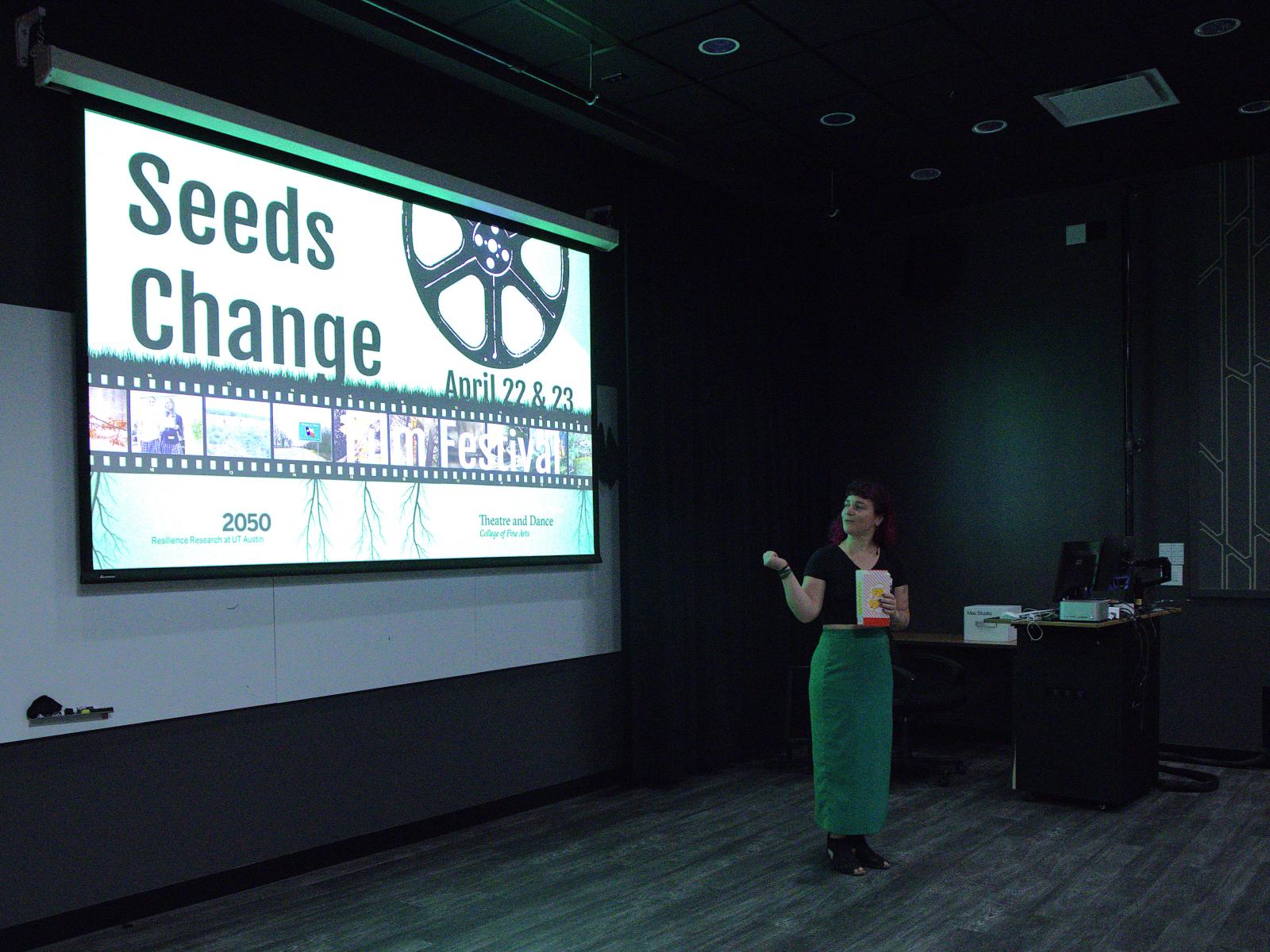Kate Freer, an assistant professor in Theatre and Dance who helped organize the Seeds of Change Film Festival, introduces the films on the first night.
