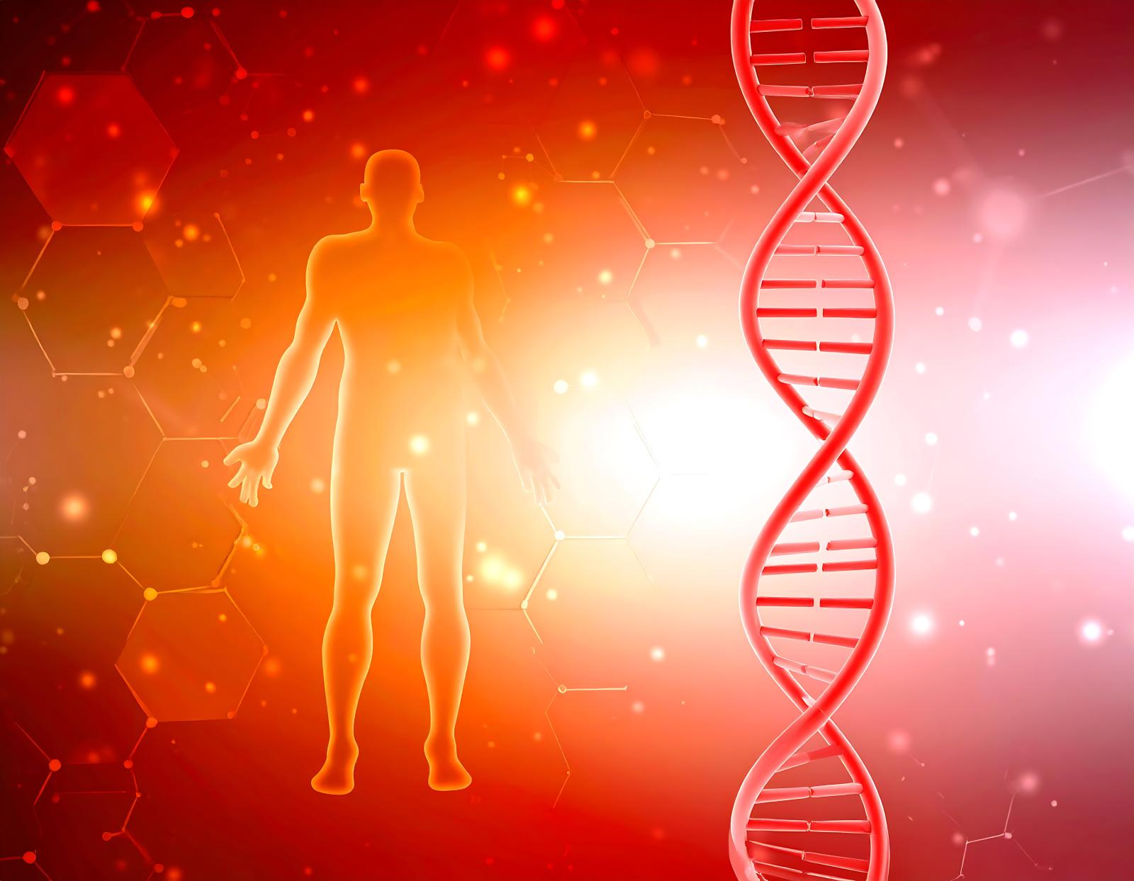 A brightly lit, orange-hued AI-generated pastiche, with the outline of a man on the left, in the background, and a DNA strand on the right, in the foreground