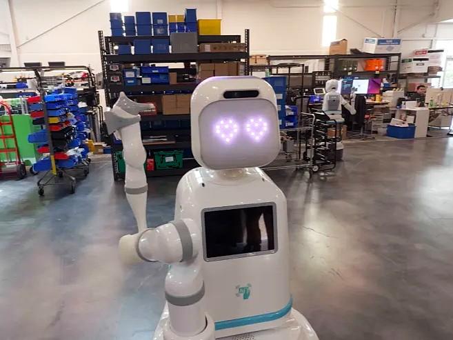 Moxi, a robot already working in U.S. hospitals, displays heart-shaped eyes at Austin-based Diligent Robotics. Researchers say robots like Moxi could become a more common part of daily life as a new UT Austin-led study explores how humans interact with machines.