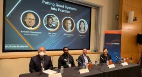 Dr. Kenneth R. Fleischmann, Will Griffin, Mikel Rodriguez and Alice Xiang at the 2022 Good Systems Symposium. Credit: Stacey Ingram Kaleh.