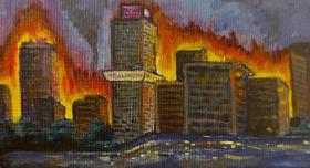 austin on flames painting by elizabeth aguilar