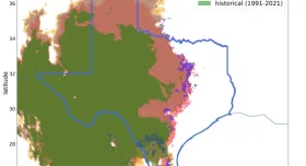 , shows the predicted historical (1991-2020) and future climate suitability distributions of Triatoma rubida, a species of kissing bug present in Texas
