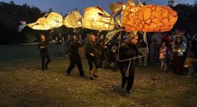Action photo of one of Khristián Méndez Aguirre’s recent productions, “The Serpents Fly at Sundown,” which utilizes puppetry to gather stories from people who have survived natural disasters