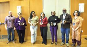 Left to right: Whole Communities–Whole Health (WCWH) chair Mike Mackert, Barbara Soriano, Ellena Gonzales, Rebecca Gomez, Mia Greer, Dr. Charles Moody and WCWH Community Engagement Manager Shirene Garcia pose at the 2026 WCWH Symposium. (Not pictured: Maggie Jaime and Carol Lilly.)
