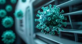 Microscopic view of virus particles near a ventilation system highlighting concerns about airborne transmission and indoor air quality (generated with AI)