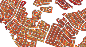 A map illustrating the average daily heat risk in a suburban Austin neighborhood, with dark red signifying higher risk and yellow lower risk