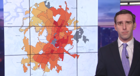 Screen grab of KVUE's (ABC) Daniel Perreault reporting on this story. He stands next to a map that shows the current risk of death to Austin's elderly population if they were to stay inside their home during a heatwave and coincidental power outage. The median heat risk for each neighborhood is displayed as the value.