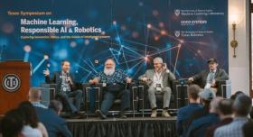 Computer Science department chair Peter Stone moderates a panel discussion about the future of AI, machine learning and robotics at the inaugural Texas Symposium on Machine Learning, Responsible AI, and Robotics. Seated next to him, left to right: Good Systems chair Ken Fleischmann, Texas Robotics director José del R. Millán and Machine Learning Lab director Adam Klivans.