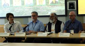 Oscar Ovanger (left) moderates a panel at the 2026 Planet Texas 2050 Symposium at UT Austin, in March. Seated next to him, from left to right, are his three postdoctoral advisers: Professors Adam Rabinowitz, Dev Niyogi and Tim Keitt.