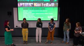 Kate Freer (left) leads a discussion with some of the filmmakers and collaborators. With Freer, from left to right: Hannah Spector (“Sunset”), Maria Fernandez Pello (“Dust Doesn’t Think of Us”), Pavithra Vasudevan (“Remembering Kearneytown”), Rachel Farrington (“La Luna”) and Katie Dawson (“ARISE: Pharr”).