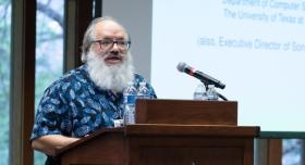 Ken Fleischmann delivers a featured address, "With Great AI Power Must Come Responsible AI," at Enterprise Technology's "AI in a Day" event at UT Austin, in November 2025.