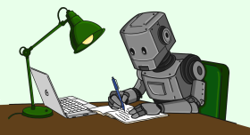 Cartoon image of a robot at a desk, writing under lamplight with pen and paper. It ignores the open laptop next to the paper.