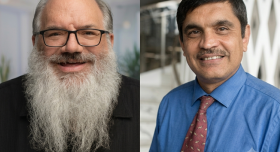 Side-by-side headshots of Ken Fleischmann (left) and Chandra Bhat (right)