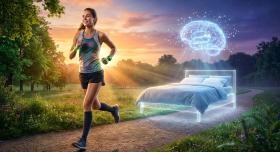 AI-generated image of a woman smiling and running on a path. Behind her is a ghostly image of a queen-size bed with a human brain hovering above it, spraying "rays" onto the bed.