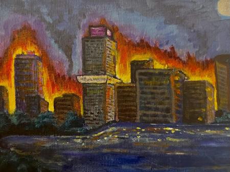 austin on flames painting by elizabeth aguilar