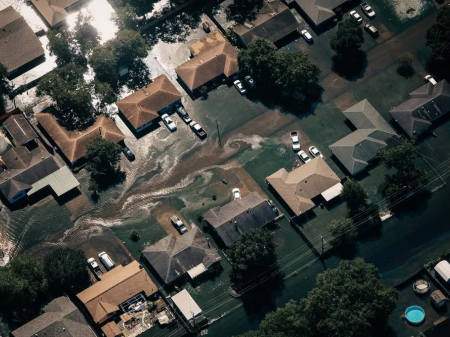 Floodwater surrounding homes in Beaumont, Texas (Source: Alyssa Schukar for The New York Times)