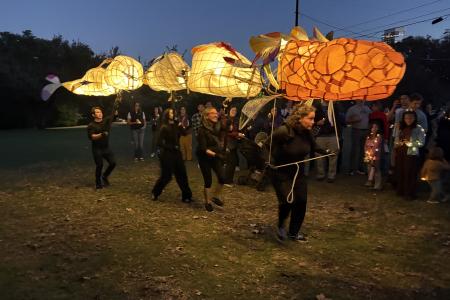 Action photo of one of Khristián Méndez Aguirre’s recent productions, “The Serpents Fly at Sundown,” which utilizes puppetry to gather stories from people who have survived natural disasters