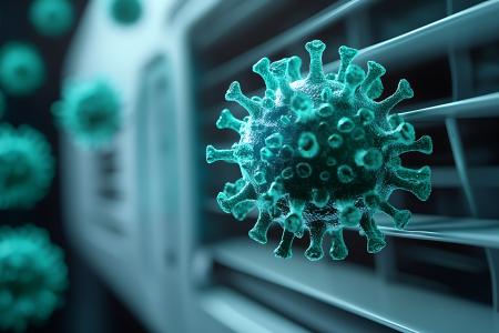 Microscopic view of virus particles near a ventilation system highlighting concerns about airborne transmission and indoor air quality (generated with AI)