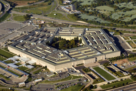 An aerial photo of the Pentagon, headquarters of the United States Department of Defense, in Arlington County, Virginia