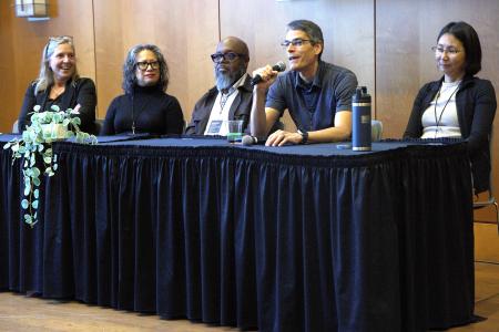 Edison Thomaz (second from right), an associate professor of electrical and computer engineering, speaks at this year’s Whole Communities–Whole Health Research Symposium, held at UT Austin on February 6. Joining him on the panel, from left to right: Kerry Kinney, Isela Guerra, Charles Moody, Jr. and Yan Zhang.