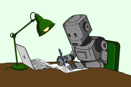 Cartoon image of a robot at a desk, writing under lamplight with pen and paper. It ignores the open laptop next to the paper.