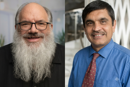Side-by-side headshots of Ken Fleischmann (left) and Chandra Bhat (right)