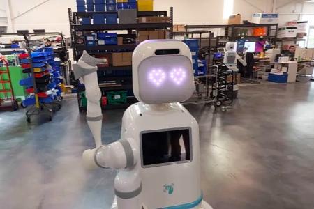Moxi, a robot already working in U.S. hospitals, displays heart-shaped eyes at Austin-based Diligent Robotics. Researchers say robots like Moxi could become a more common part of daily life as a new UT Austin-led study explores how humans interact with machines.